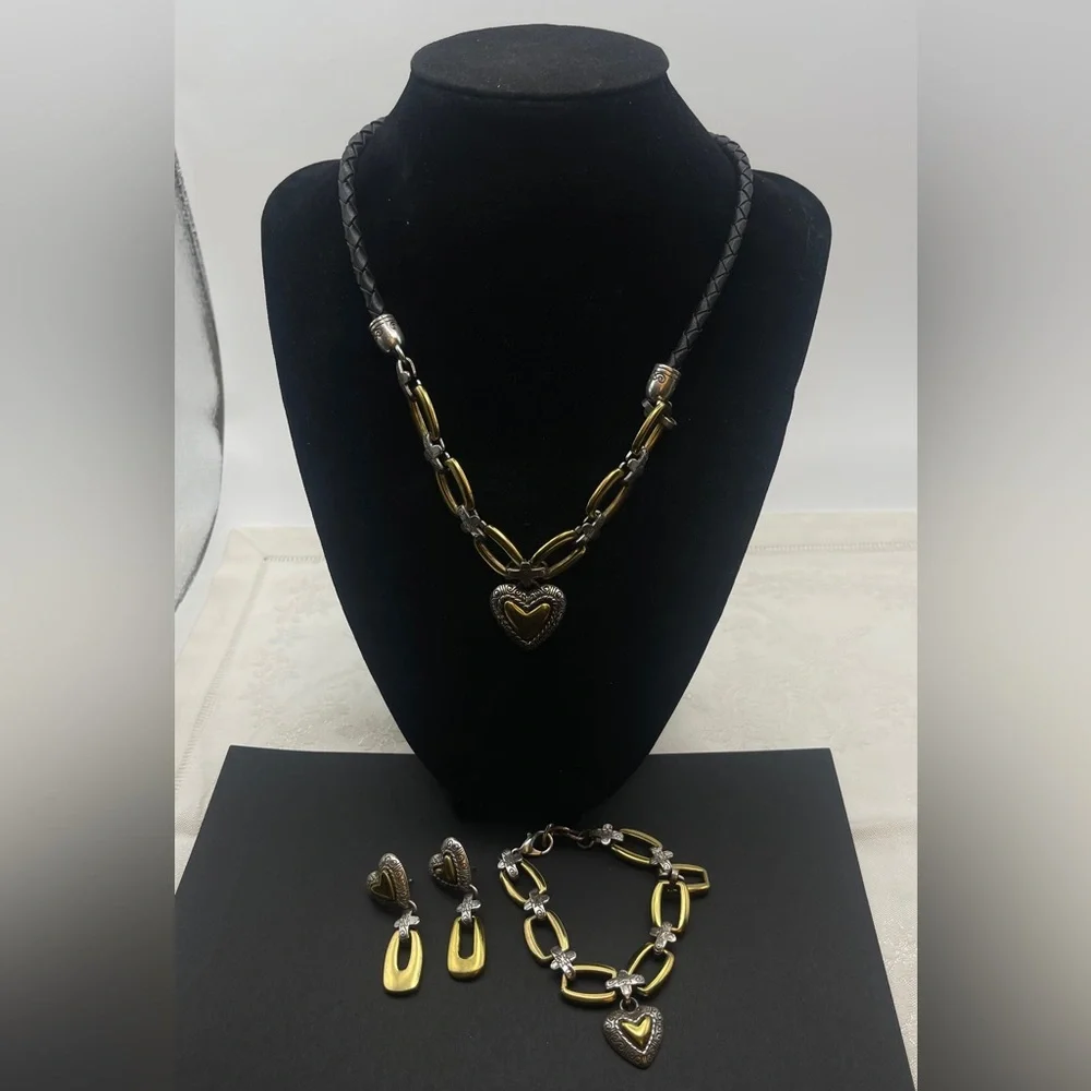 Brighton Two Tone Gold and Silver Heart Necklace Bracelet Earrings Matching